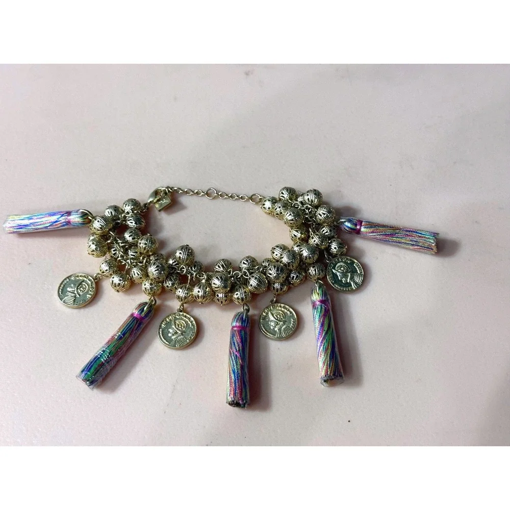 Gold Tone Boho Charm Bracelet with Coins‎ Tassels and Filigree Beads Multi Color